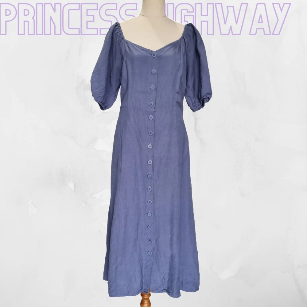 Princess Highway Celeste Blue Linen Blend Puff Sleeve Midi Dress Size 14 - Picture 1 of 8